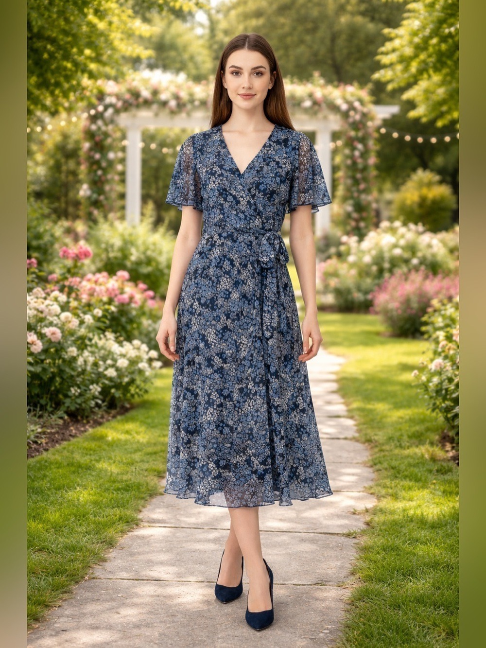 Morgan Taylor Navy Floral Wrap Midi Dress Short Sleeve Flutter High Low XL Boho